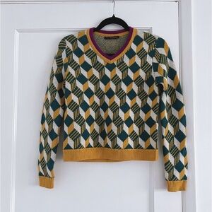 Alexa Chung Women's XS Green White Yellow Wool V-Neck Sweater